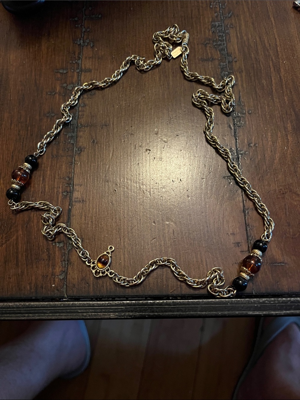Gold-Tone Chain Necklace 1928 with Amber and Black Beads 1850